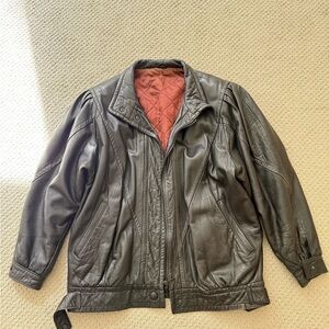 Oversized Black Leather Bomber Jacket